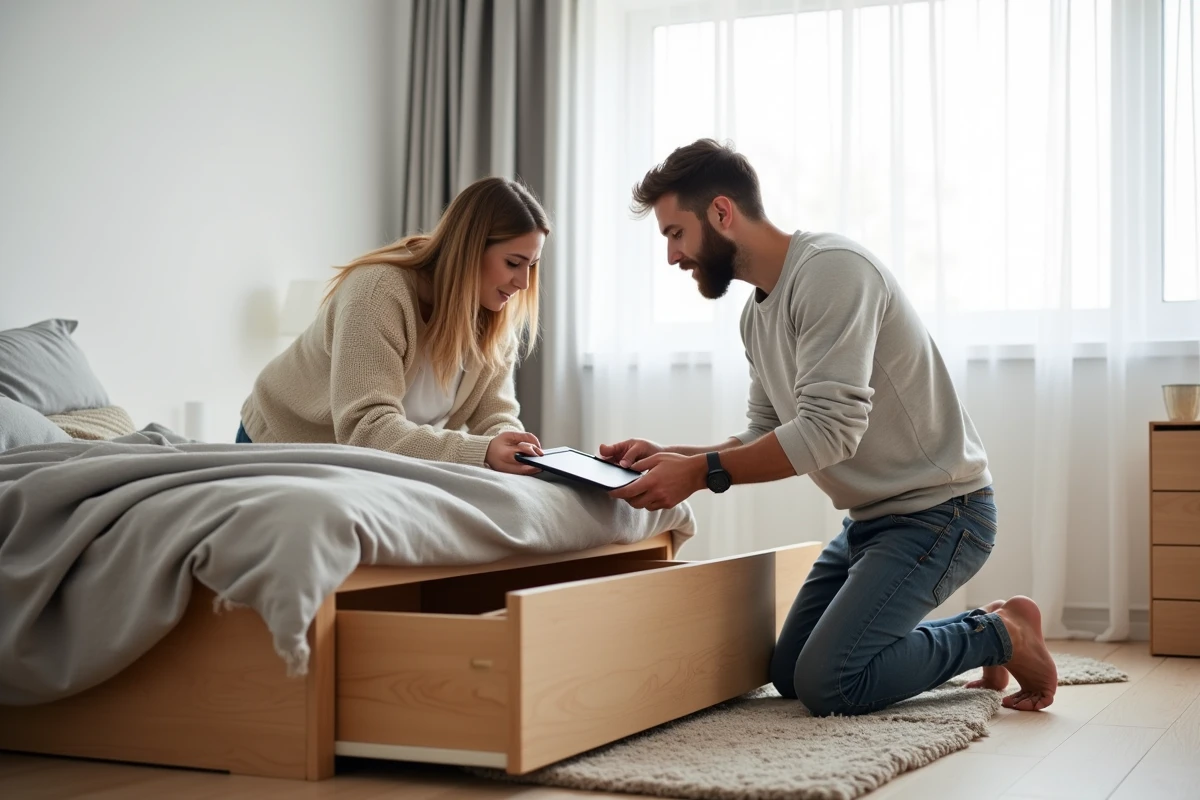 Couple assemblant des meubles dans une chambre lors d'un aménagement intérieur