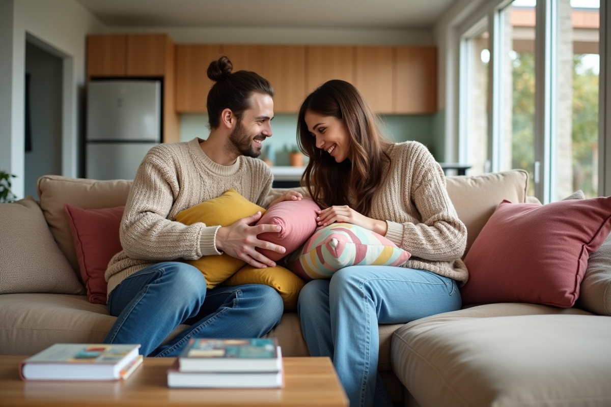 Jeune couple arrangeant des coussins colorés sur un canapé