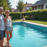 Couple souriant devant une piscine de jardin moderne