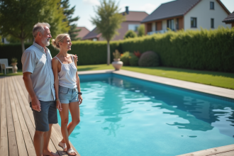 Couple souriant devant une piscine de jardin moderne