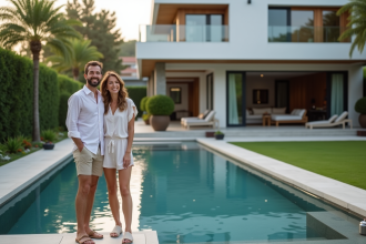 Couple souriant près d'une piscine moderne dans un jardin élégant