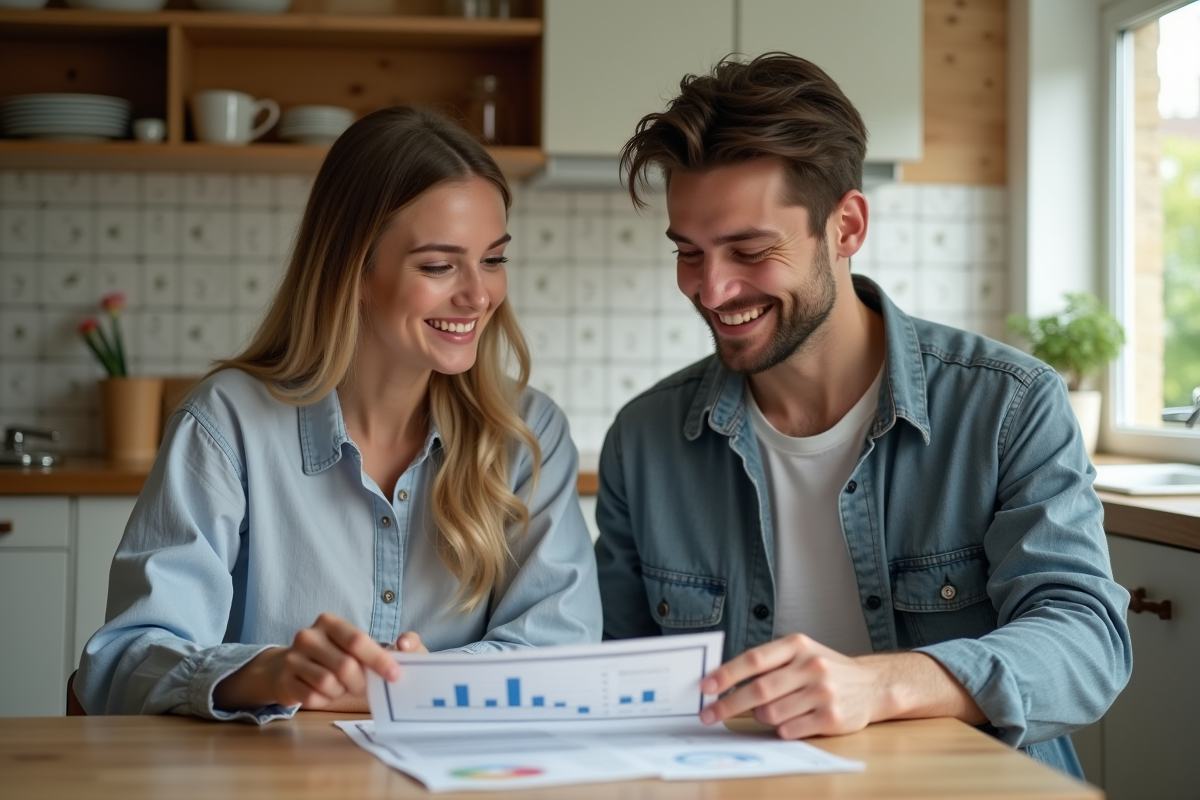 Jeune couple planifiant leur budget cuisine à la maison