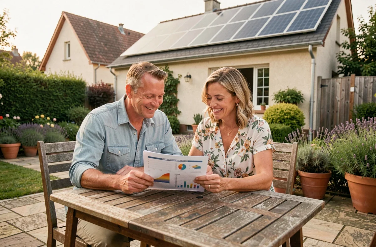Couple de propriétaires examine des graphiques d'économies d'énergie liés à leurs panneaux solaires en autoconsommation dans leur jardin