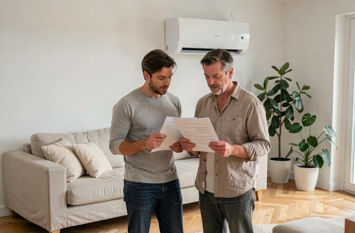 Couple français consultant des documents sur la rénovation énergétique devant une pompe à chaleur murale dans leur salon