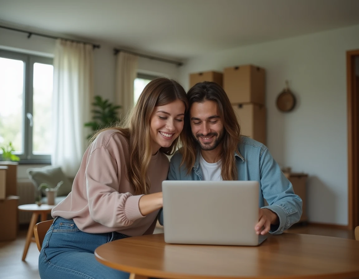 Couple souscrivant ensemble une assurance habitation en ligne depuis leur nouvel appartement
