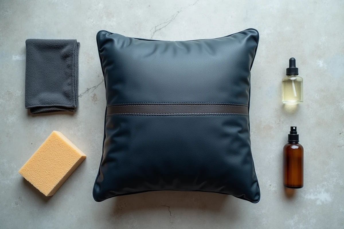 Coussin de canapé en cuir aniline bleu marine avec rayure grasse et produits d'entretien en vue de dessus