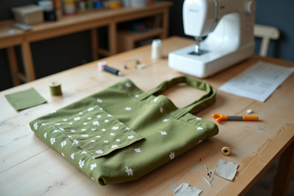 Projet de couture DIY avec un sac en tissu coton enduit vert géométrique posé sur une table de couture avec machine à coudre et accessoires