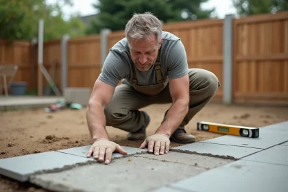 Ouvrier inspectant une dalle sur plot béton avec des carreaux mal alignés sur une terrasse en construction