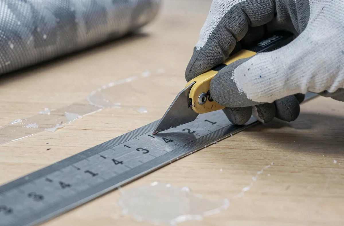 Gros plan de mains gantées découpant avec précision un plaquage fibrecouture à l'aide d'un cutter et d'une règle