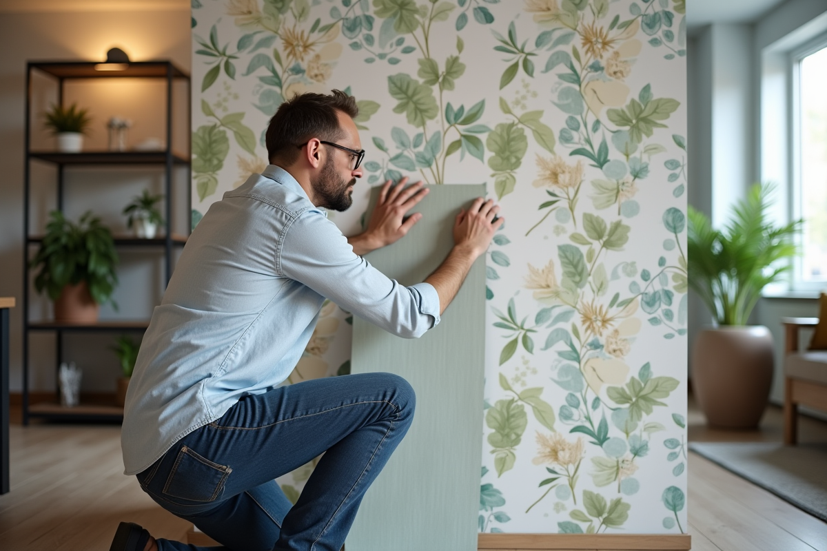 Designer pose un papier peint botanique dans un appartement moderne