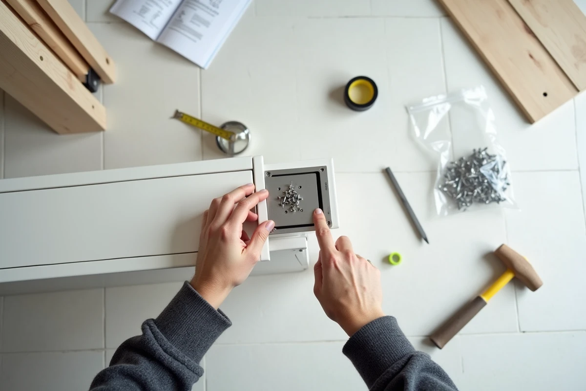 Gros plan sur l'assemblage des fixations métalliques d'un dressing kit modulable avec outils posés au sol