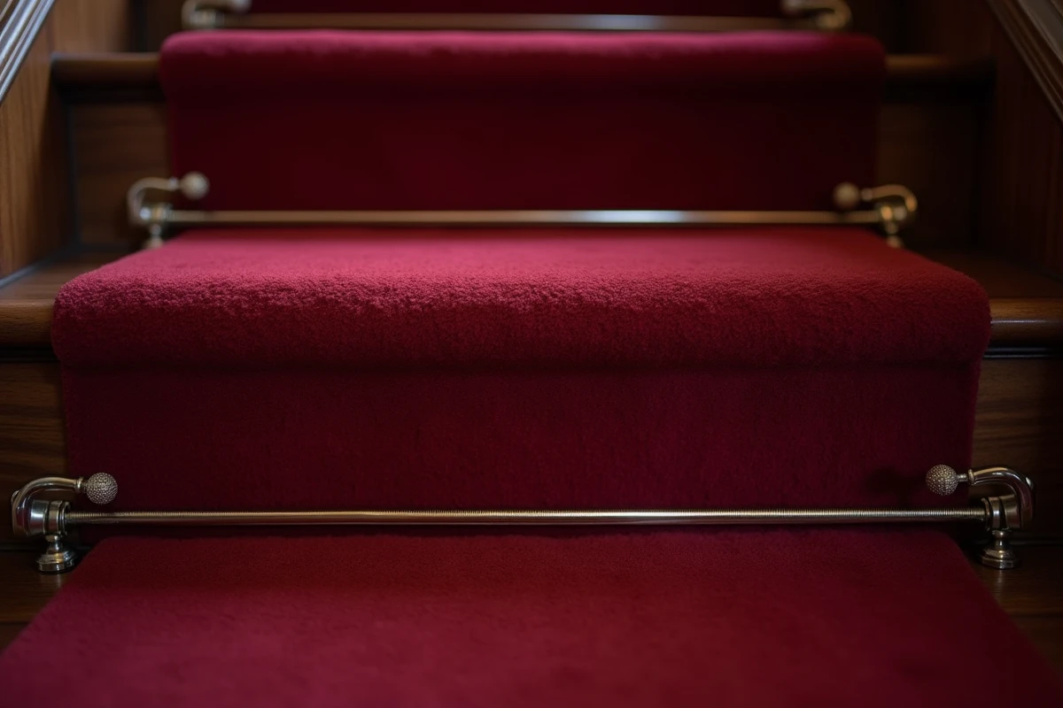 Gros plan sur des marches d'escalier recouvertes de moquette bordeaux en laine avec finition sous-nez soignée et tringles nickelées