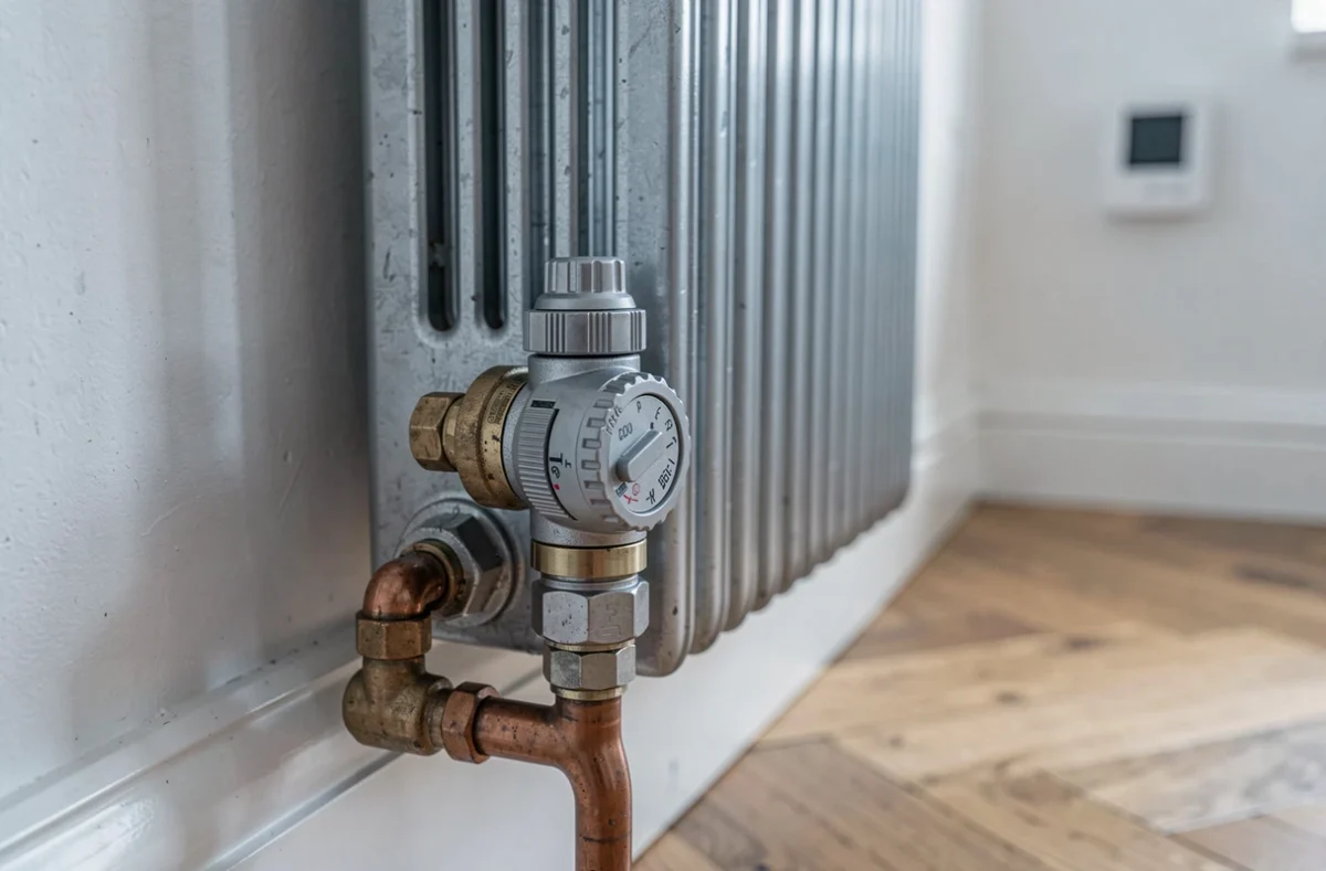 Gros plan sur les raccordements de tuyauterie et la vanne thermostatique d'un radiateur basse température compatible pompe à chaleur