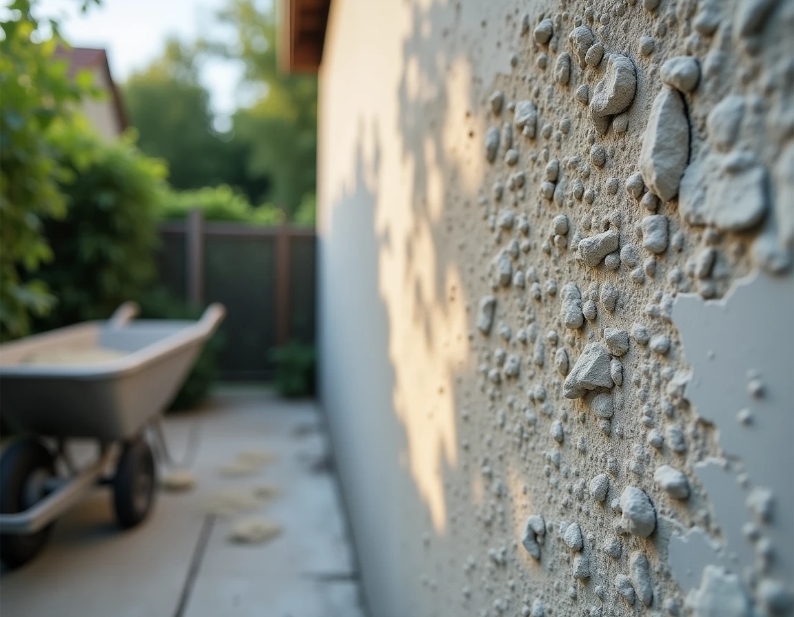 Détail d'un mur en béton en cours de sablage montrant le contraste entre surface nettoyée et peinture écaillée