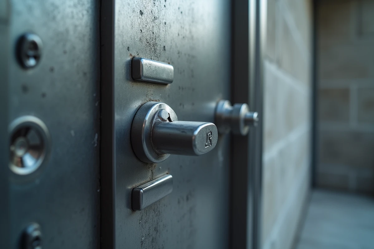 Gros plan sur la surface d'une porte blindée avec plaques anti-perçage et mécanisme de verrouillage multipoints