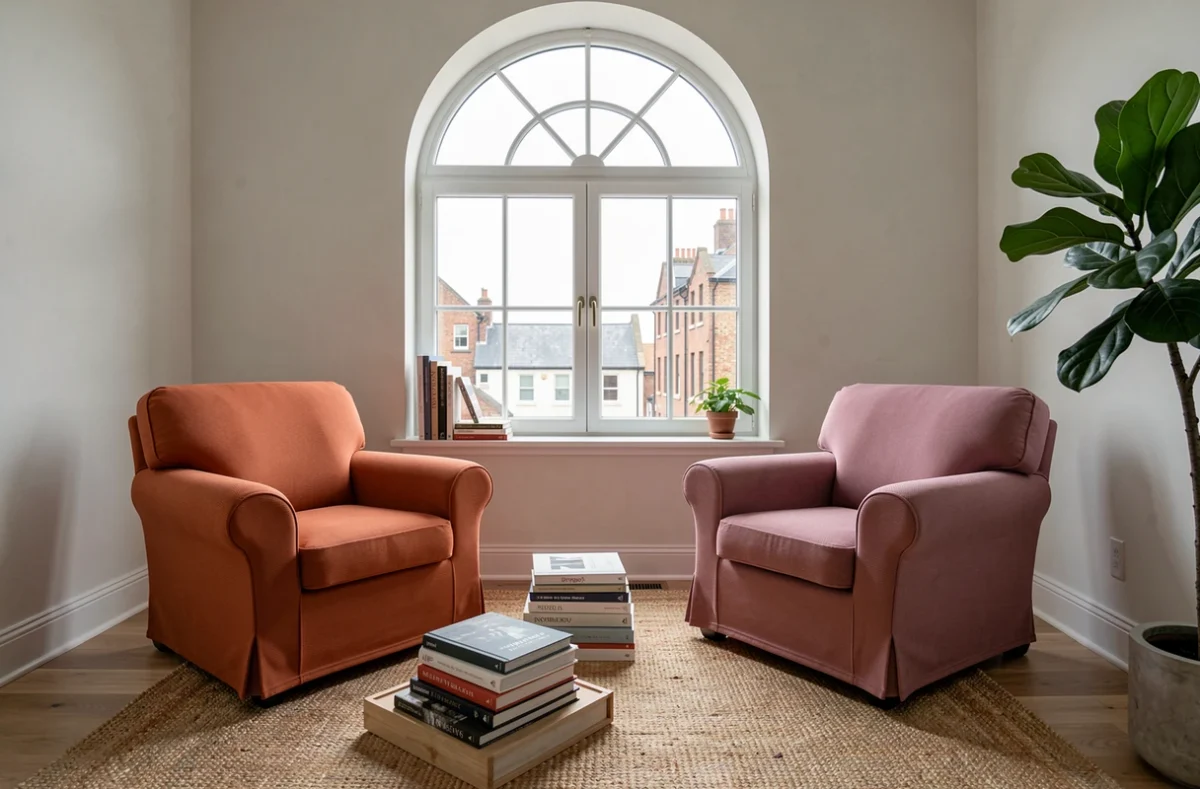 Deux fauteuils recouverts de housses extensibles terracotta et rose poudré dans un coin lecture scandinave avec fenêtre arquée