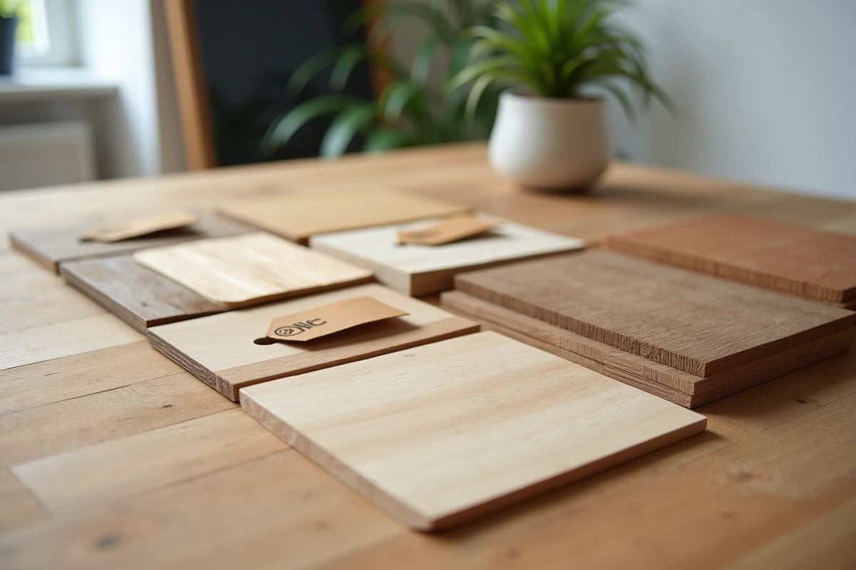Échantillons de placages bois certifiés FSC disposés sur une table de studio d'éco-conception moderne