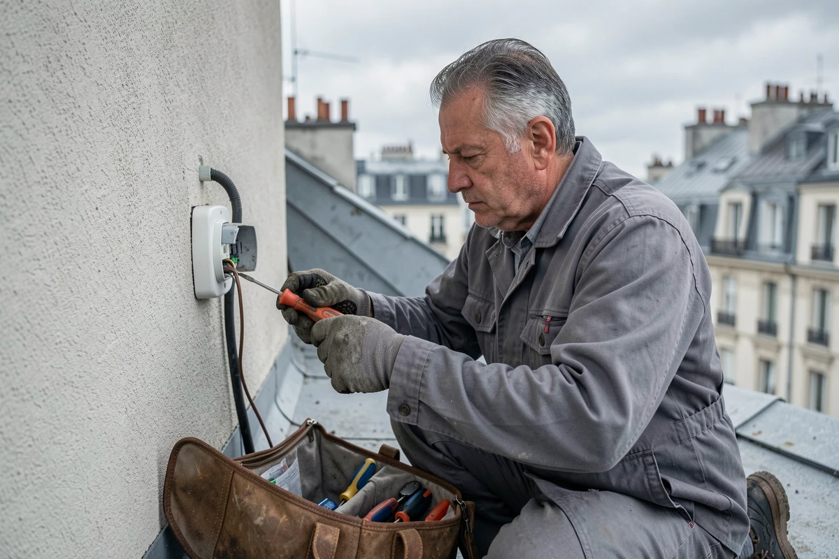 Électricien artisan expérimenté effectuant un dépannage sur une prise électrique extérieure sur un toit parisien