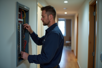 Électricien homme vérifiant un disjoncteur dans un appartement