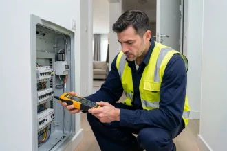 Électricien professionnel inspectant un tableau électrique dans un appartement moderne lors d'une intervention de dépannage