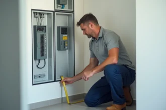 Électricien mesurant une enceinte GTL dans une pièce moderne