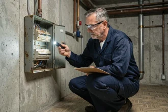 Électricien inspectant un ancien tableau électrique avec fusibles en céramique dans un sous-sol résidentiel