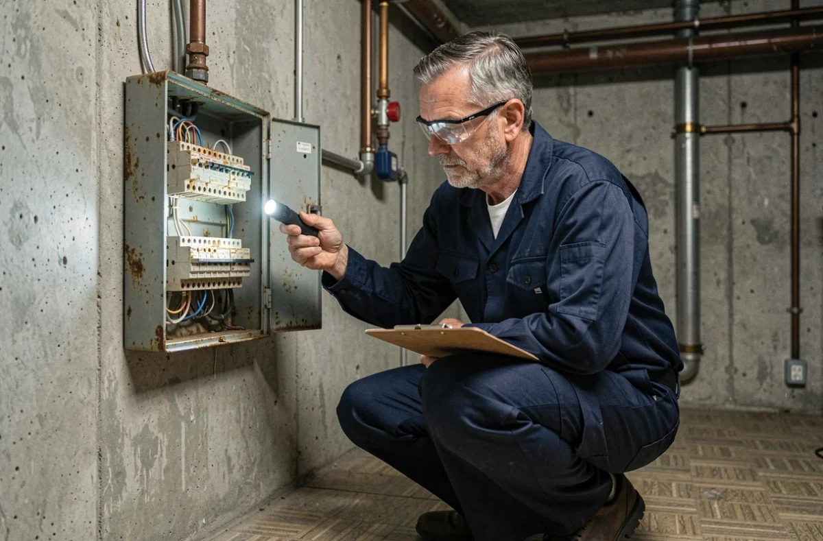 Électricien inspectant un ancien tableau électrique avec fusibles en céramique dans un sous-sol résidentiel