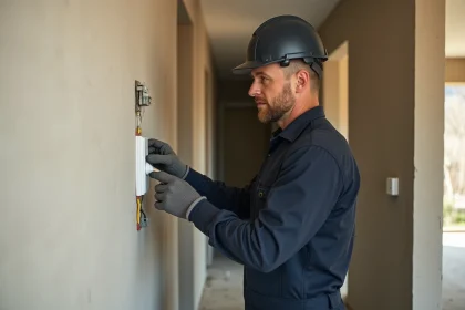 Électricien professionnel installant un bouton poussoir encastré dans un mur en rénovation résidentielle