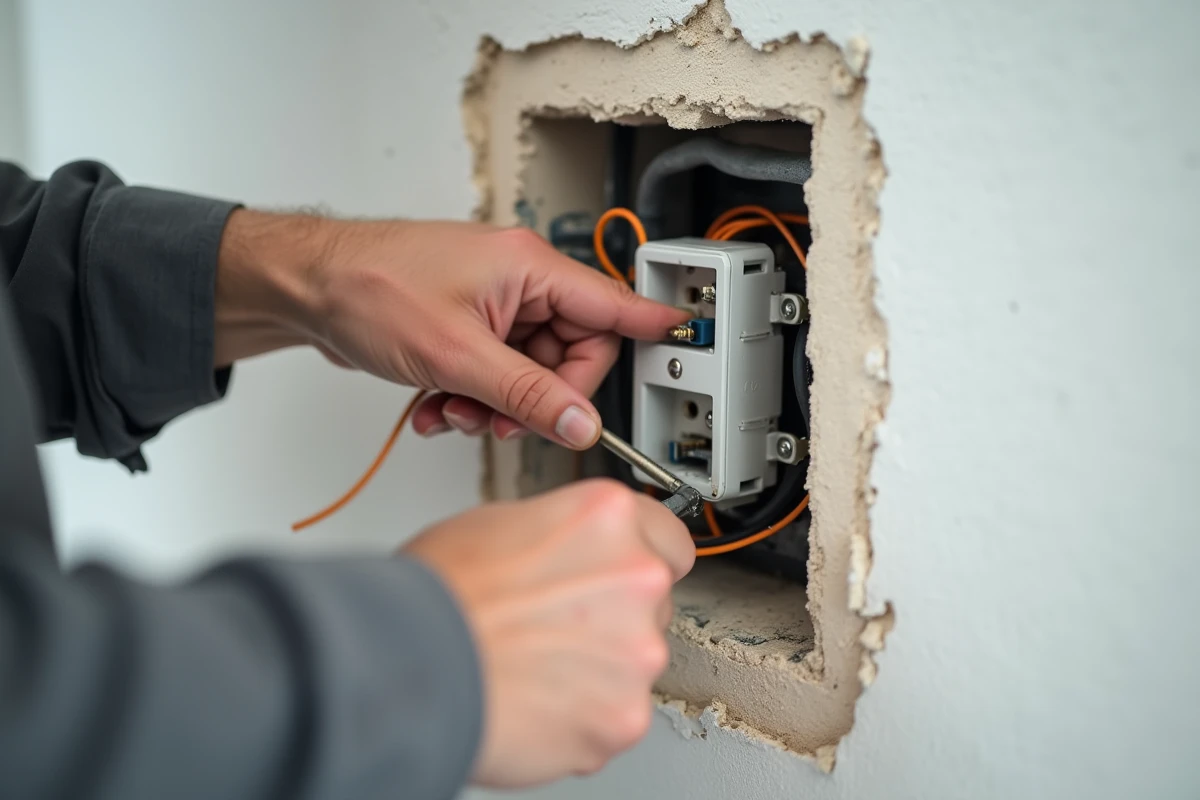 Électricien installant une prise encastrée dans une boîte d'encastrement en plâtre