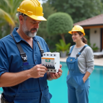 Électricien expliquant un disjoncteur près d'une piscine