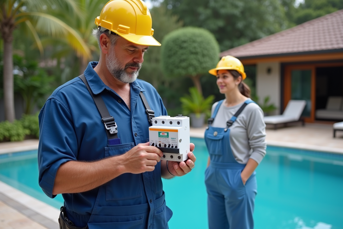 Électricien expliquant un disjoncteur près d'une piscine