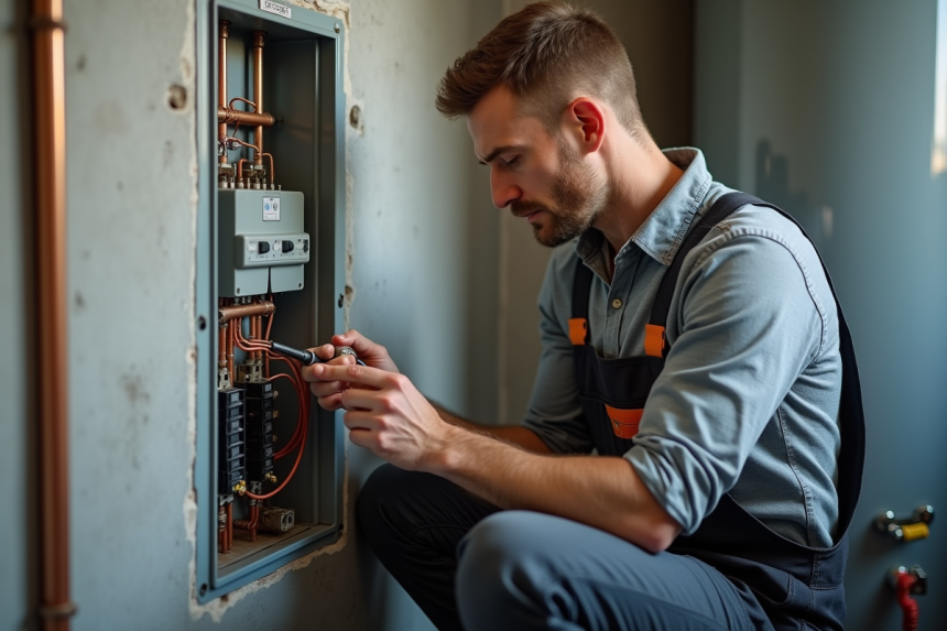 Homme en tenue de travail connectant un disjoncteur dans une pièce technique