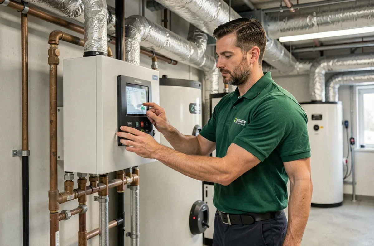 Spécialiste ENERCO réglant le panneau de commande d'une pompe à chaleur géothermique dans une chaufferie moderne aux équipements visibles