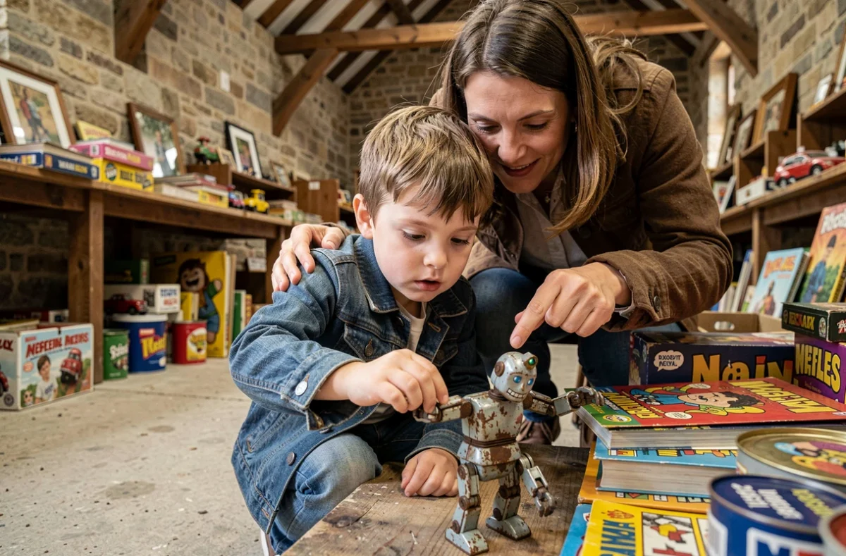 Enfant qui découvre un vieux jouet mécanique sur un stand de brocante dans une grange de l'Ain sous le regard de sa mère