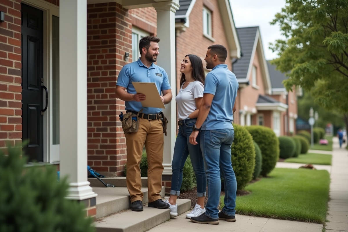 Entrepreneur de renovation discute avec couple devant une maison