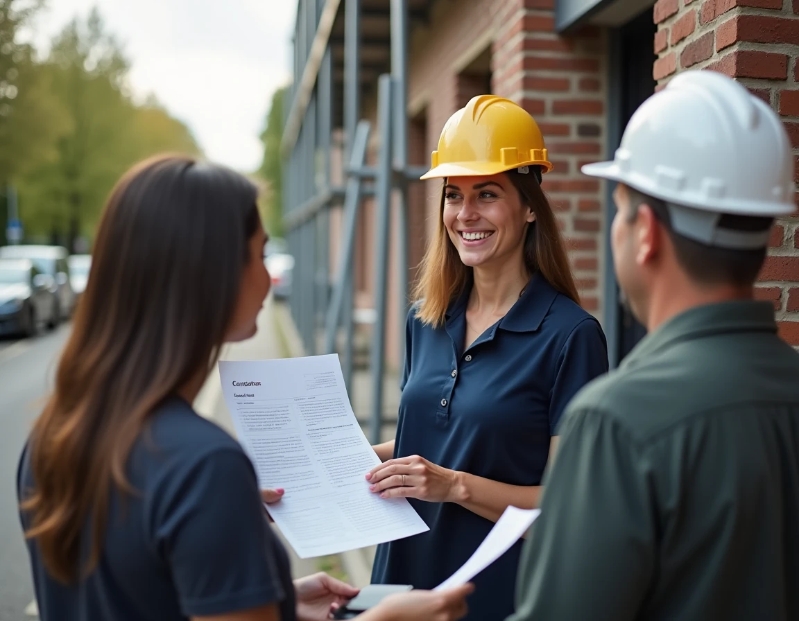 Une entrepreneuse remet un devis de rénovation à des propriétaires devant une maison en travaux en Belgique