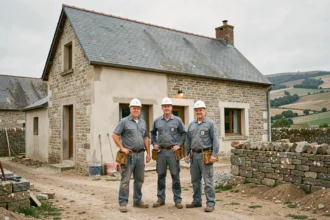 Équipe de rénovation professionnelle devant une maison en pierre typique de Corrèze