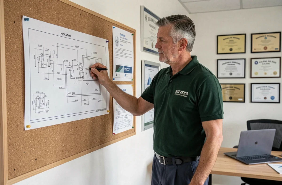 Ingénieur d'Epsilon S.a.r.l. examinant un schéma technique dans un bureau professionnel avec plans et attestations de certification sur le mur