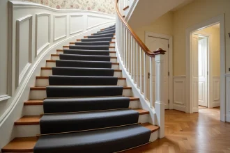 Escalier style haussmannien recouvert de marches en moquette gris anthracite avec tringles laiton doré et parquet visible en bas