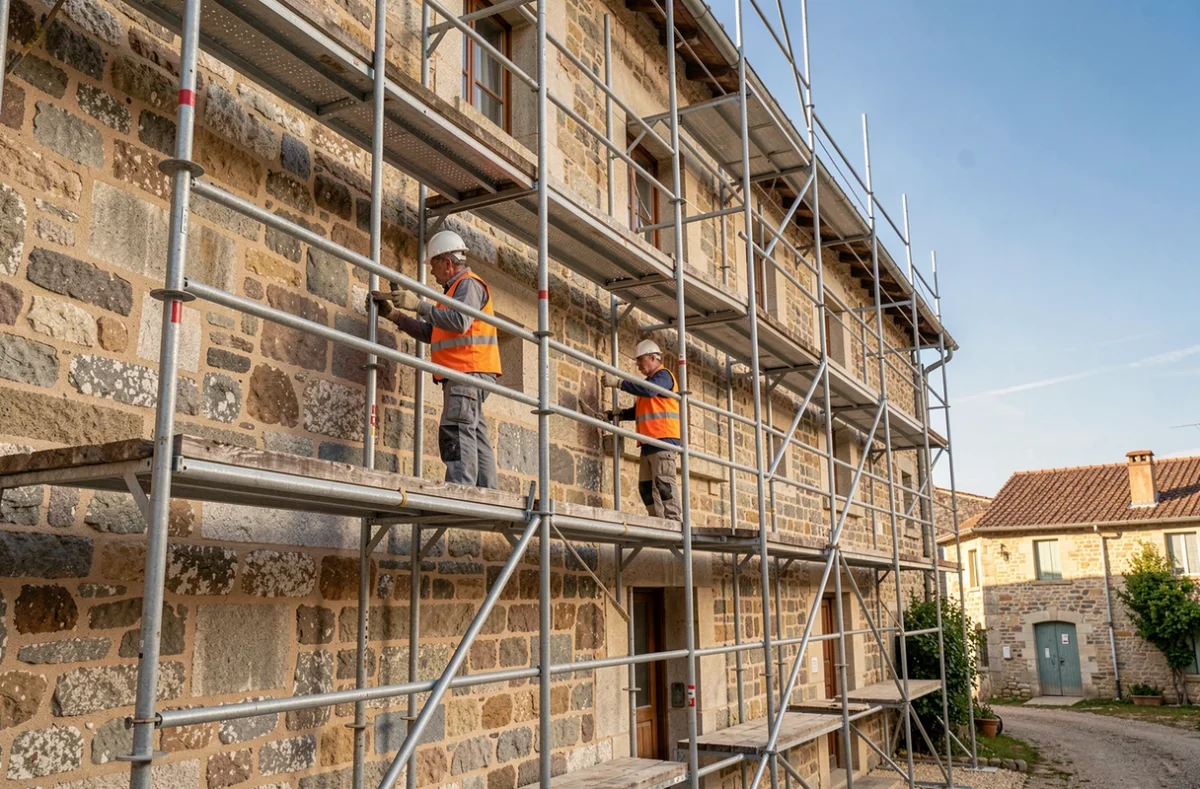 Ouvriers des Établissements Pauly Francis sur échafaudage d'une façade en granit en Corrèze