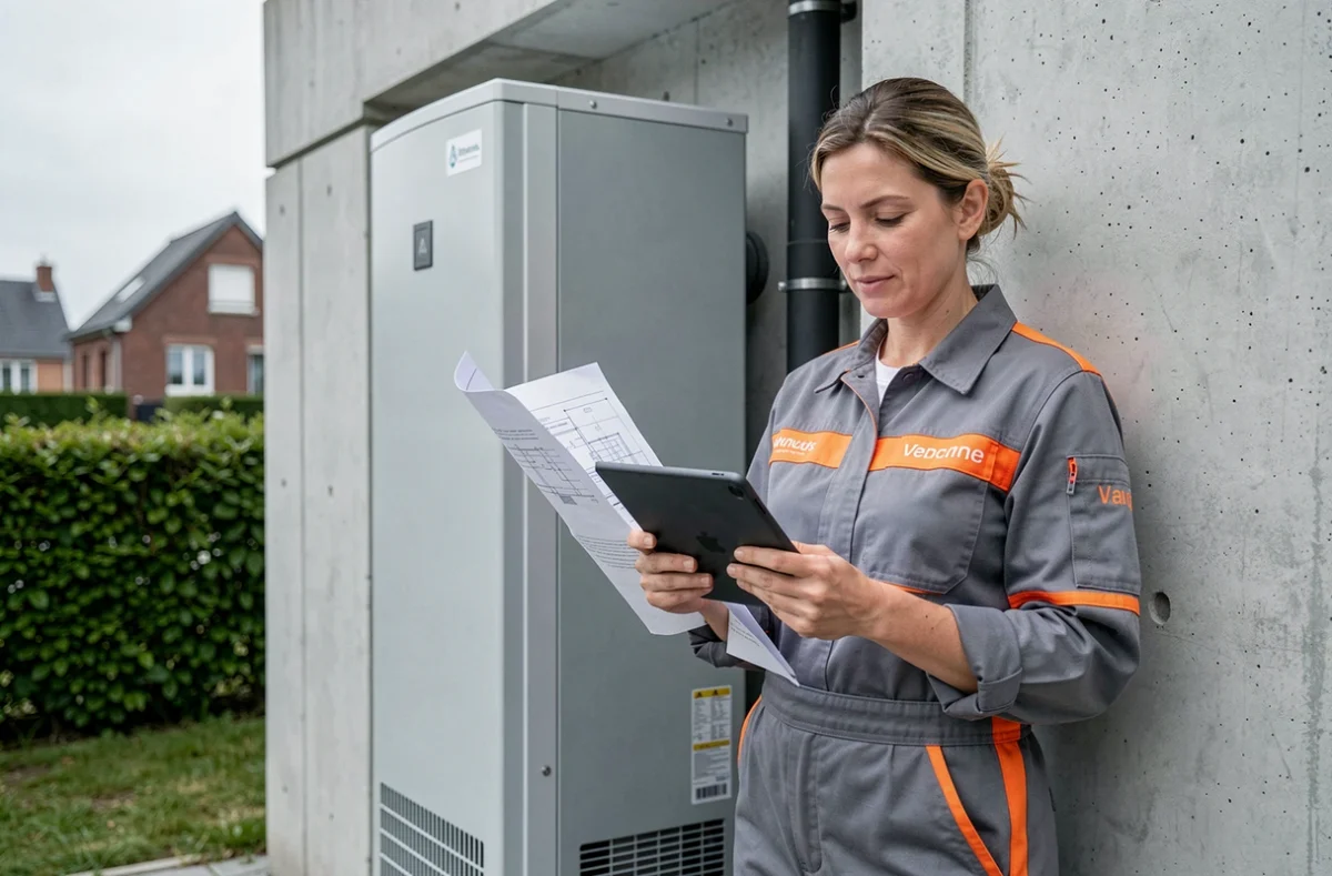Ingénieure d'Ets Delta Thermic consultant un schéma sur tablette devant une pompe à chaleur air-eau installée sur une maison contemporaine en Seine-Maritime