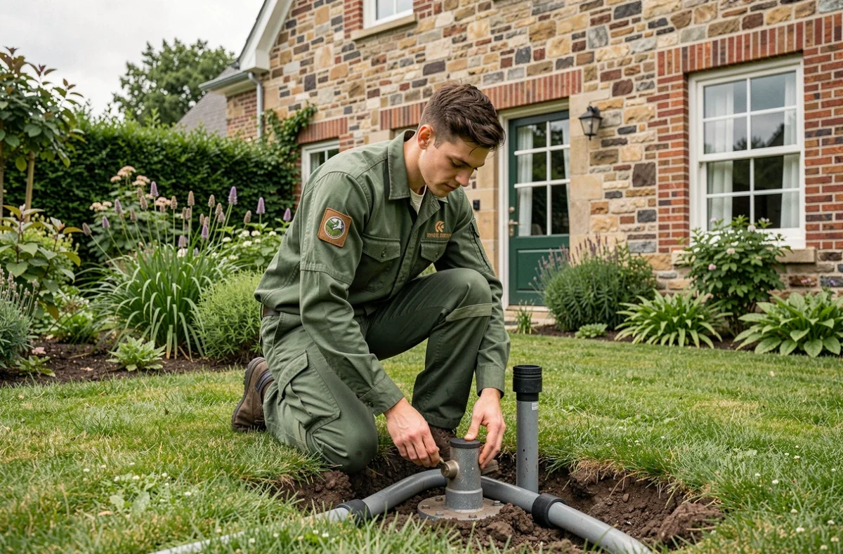 Technicien d'Ets En Vert La Terre installant des tuyaux de pompe à chaleur géothermique dans un jardin normand avec maison en pierre en arrière-plan