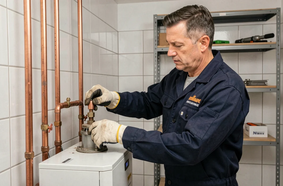 Technicien des Ets Pesquet Chauffage Plomberie connectant des tuyaux en cuivre sur une pompe à chaleur dans une chaufferie moderne