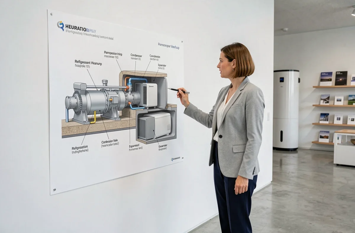 Conseillère énergie expliquant le cycle frigorifique d'une pompe à chaleur sur un schéma technique en showroom