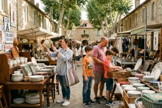 Famille avec enfants qui chiné sur un vide-grenier en plein air dans l'Ain, entourée de meubles vintage et d'objets anciens