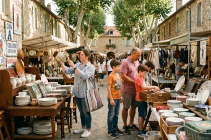 Famille avec enfants qui chiné sur un vide-grenier en plein air dans l'Ain, entourée de meubles vintage et d'objets anciens
