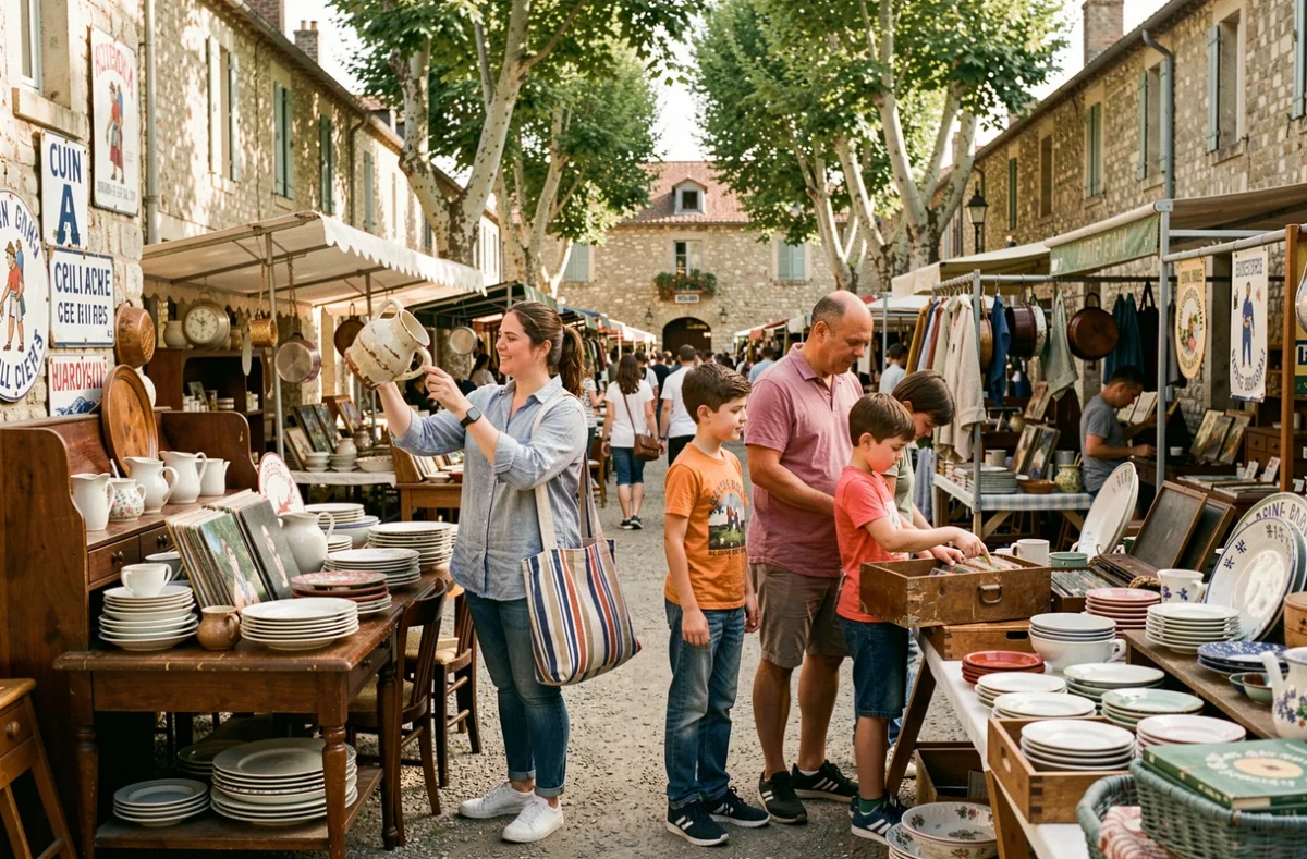 Famille avec enfants qui chiné sur un vide-grenier en plein air dans l'Ain, entourée de meubles vintage et d'objets anciens