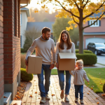 Famille souriante portant des cartons devant leur maison automnale