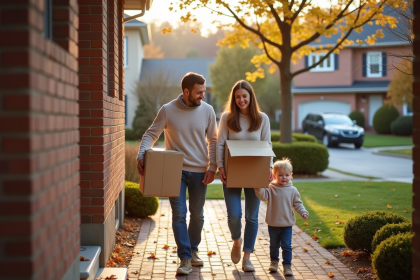 Famille souriante portant des cartons devant leur maison automnale