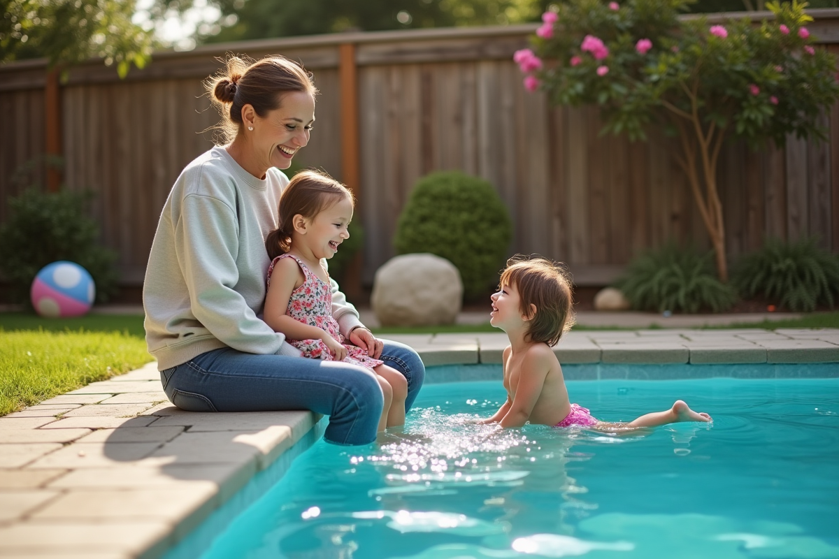 Famille souriante près petite piscine dans jardin